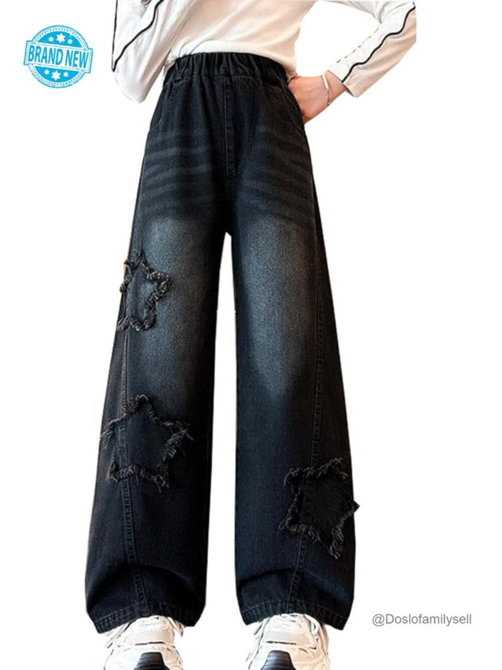 Girls Baggy Wide Leg Ripped Cargo Jeans Y2K High Waist Pull On